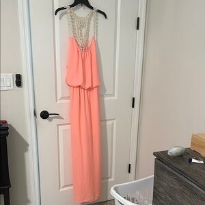 Coral Maxi Dress with Lace Detail